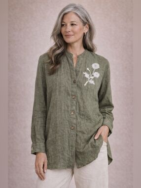 Gaviota Iris Violeta Linen Blouse Olive Embroidered Button Front Medium